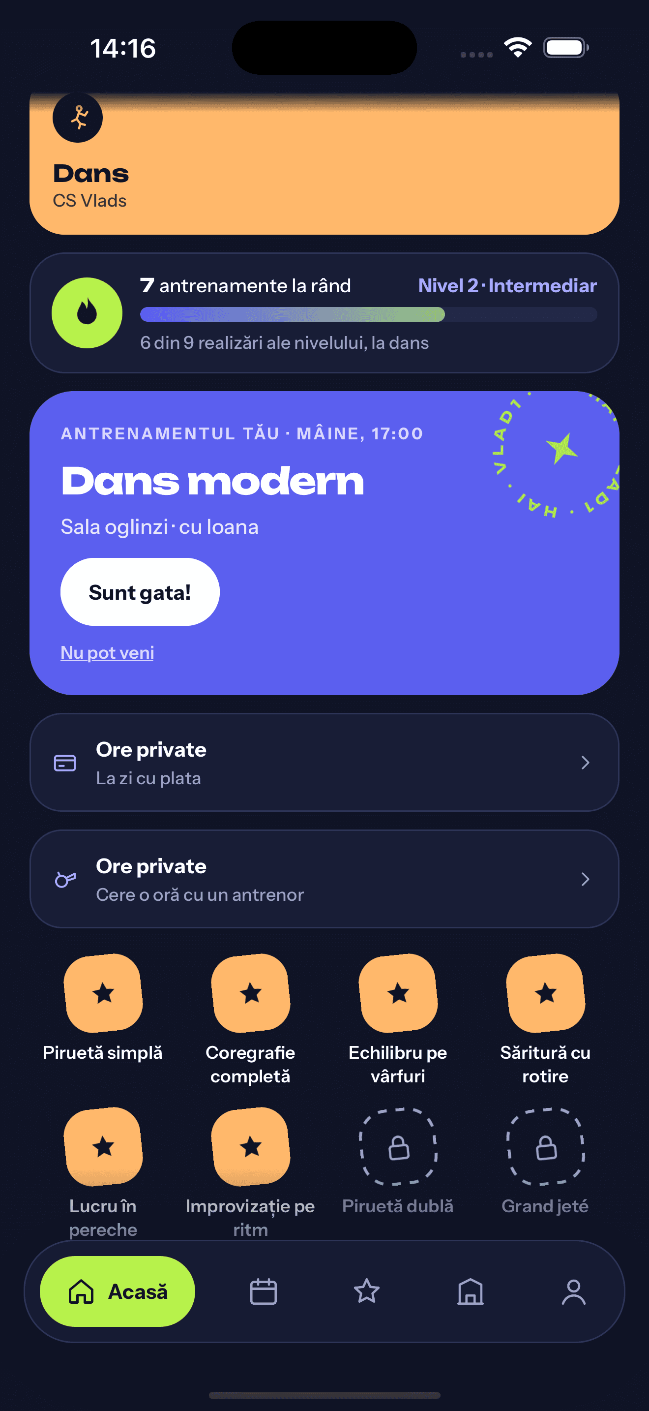 The athlete’s screen, with their level and achievements